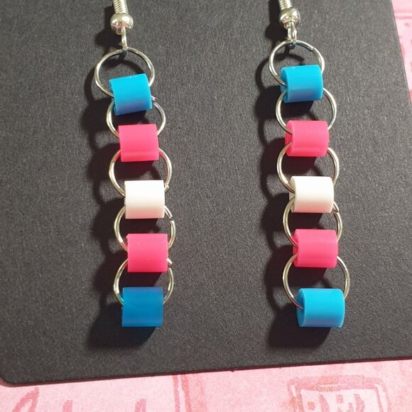 Colorful Chain Link Drop Earrings Pink Blue White Bead Baby Reveal Trans Pride - Picture 2 of 4